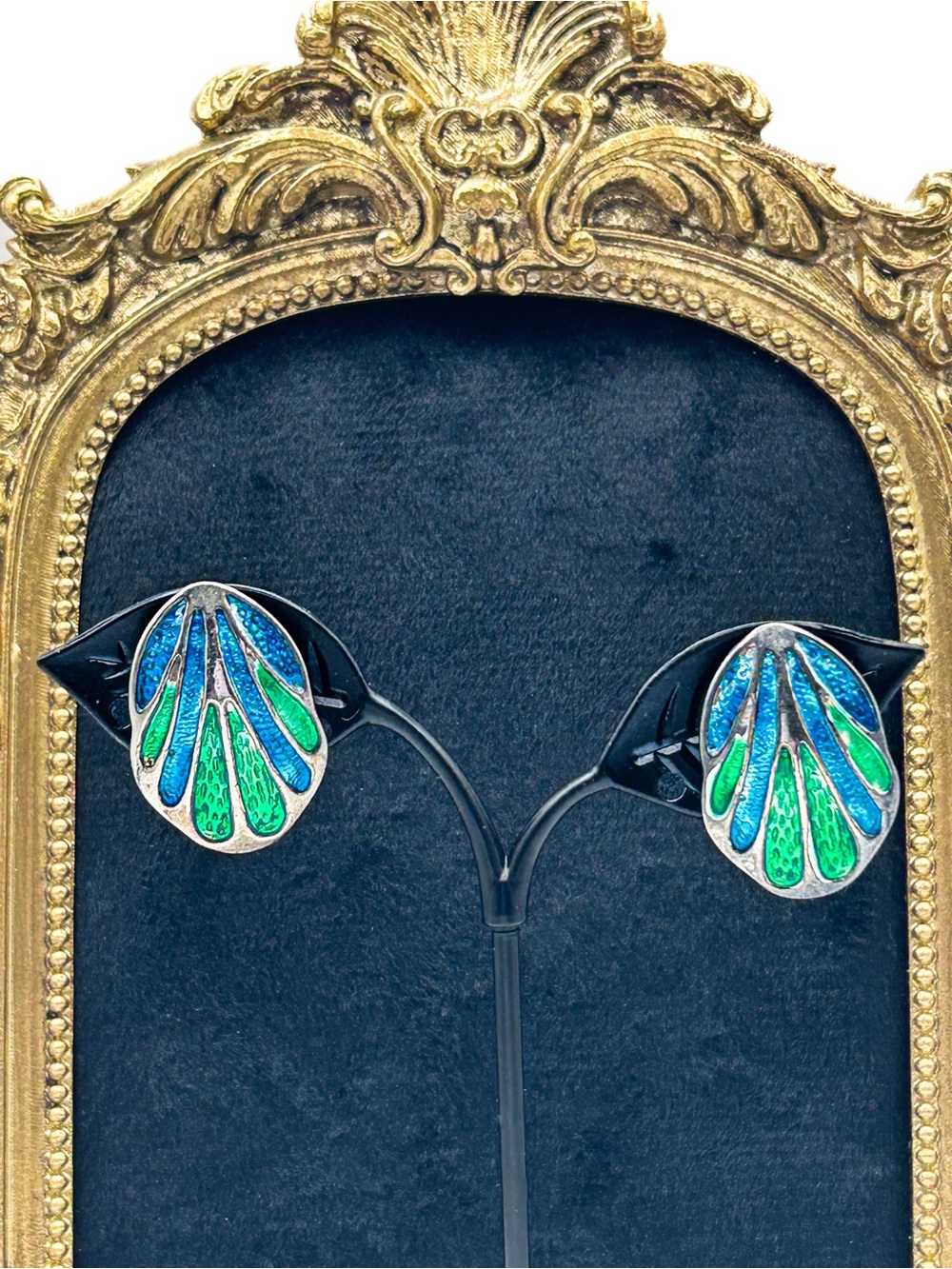 Vintage Blue & Green Enamel Fan Earrings